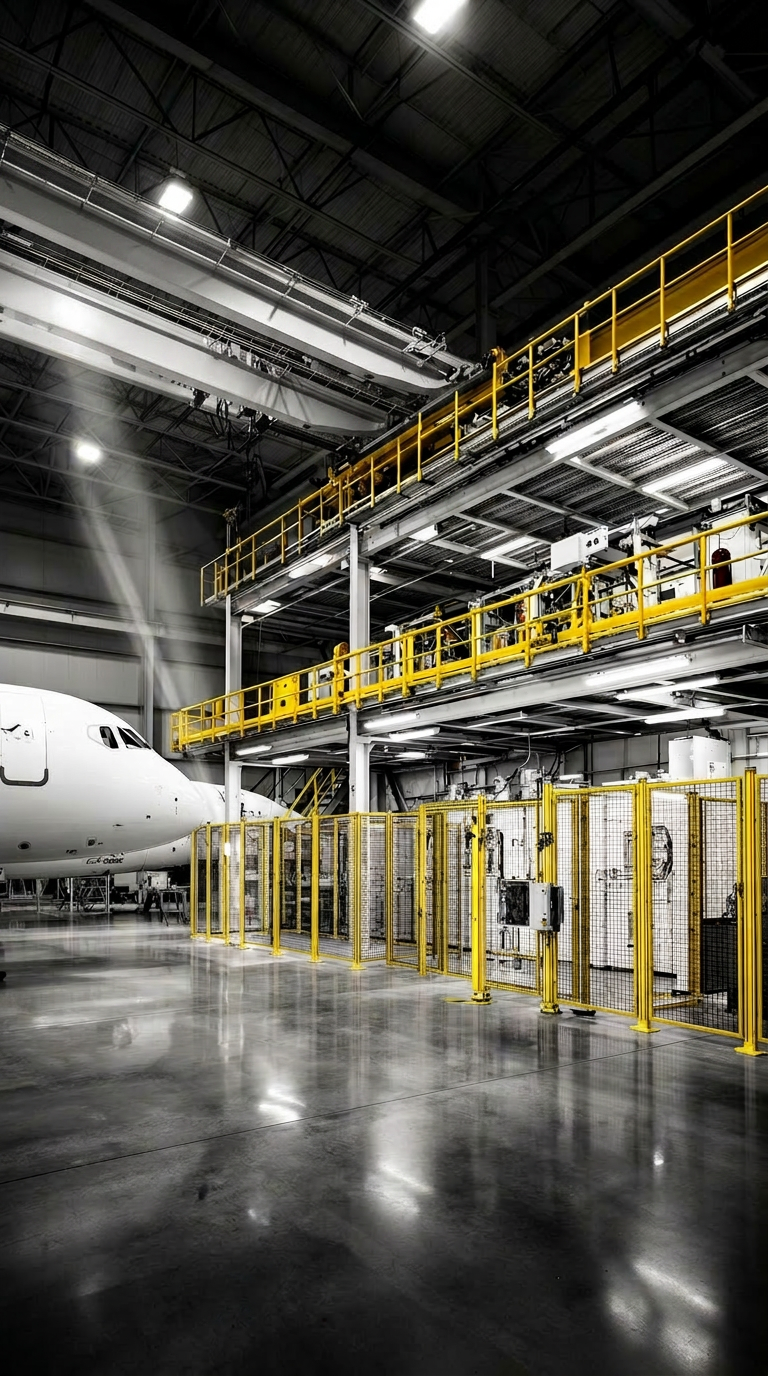 Aerospace manufacturing plant interior with mezzanine and machine guarding