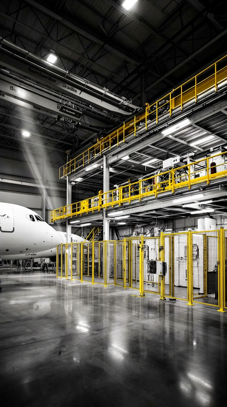 Aerospace manufacturing plant interior with mezzanine and machine guarding